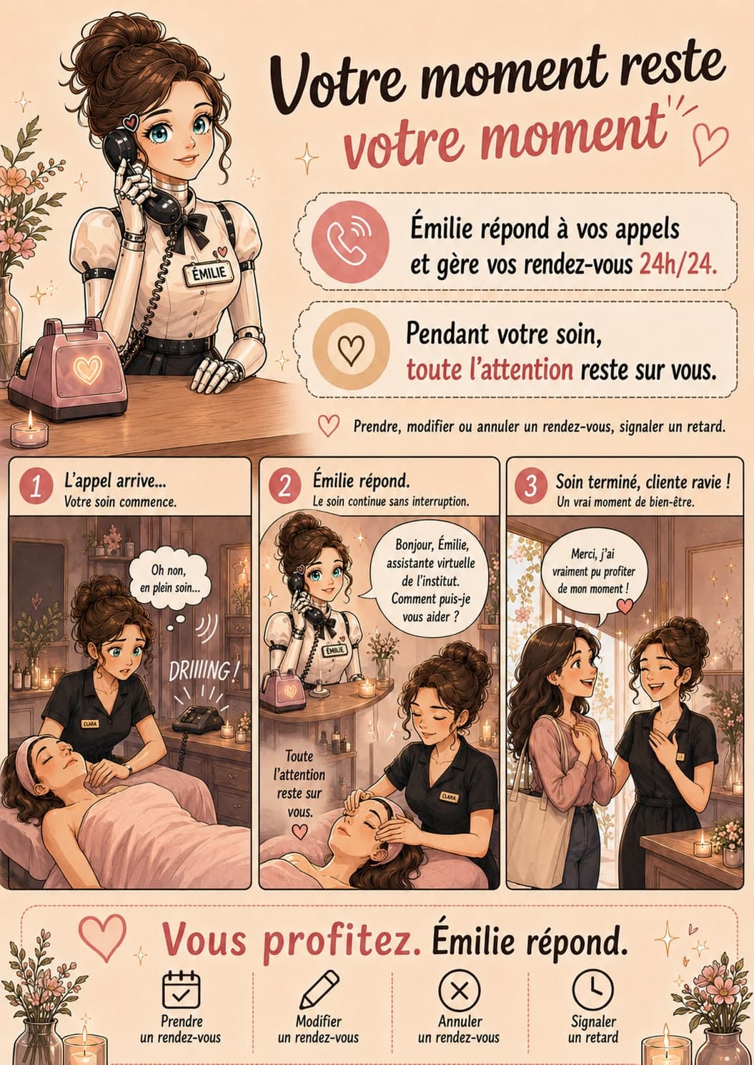 L'affiche Émilie — visuel de bande dessinée à afficher dans le salon pour annoncer Émilie aux client·e·s.